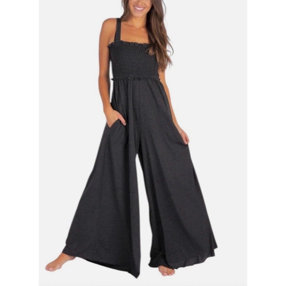 Natural Life Harper Knit Wide Leg Jumpsuit Womens L/XL Gray Smocked Boho Coastal - Picture 3 of 14